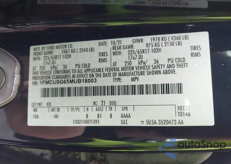 2021 Ford Escape Se z USA, uszkodzony, nr VIN 1FMCU0G65MUB18003